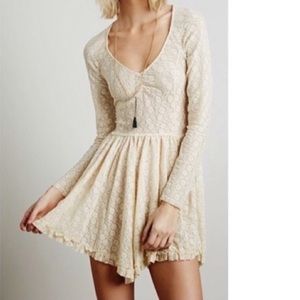 Intimately Free People Ivory Lace Dress L/S Boho Skater Stretch Dress, sz Med